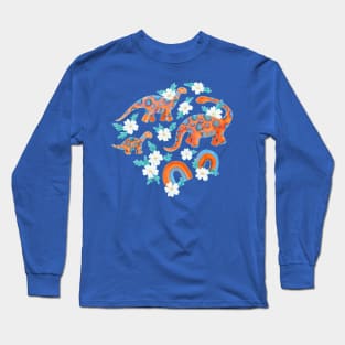 Dotty Dinos with Rainbows and White Flowers Long Sleeve T-Shirt